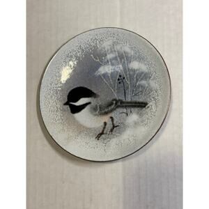 Vintage Norman & Judith Brumm Enameled Porcelain Winter Chickadee 4 3/4" Plate